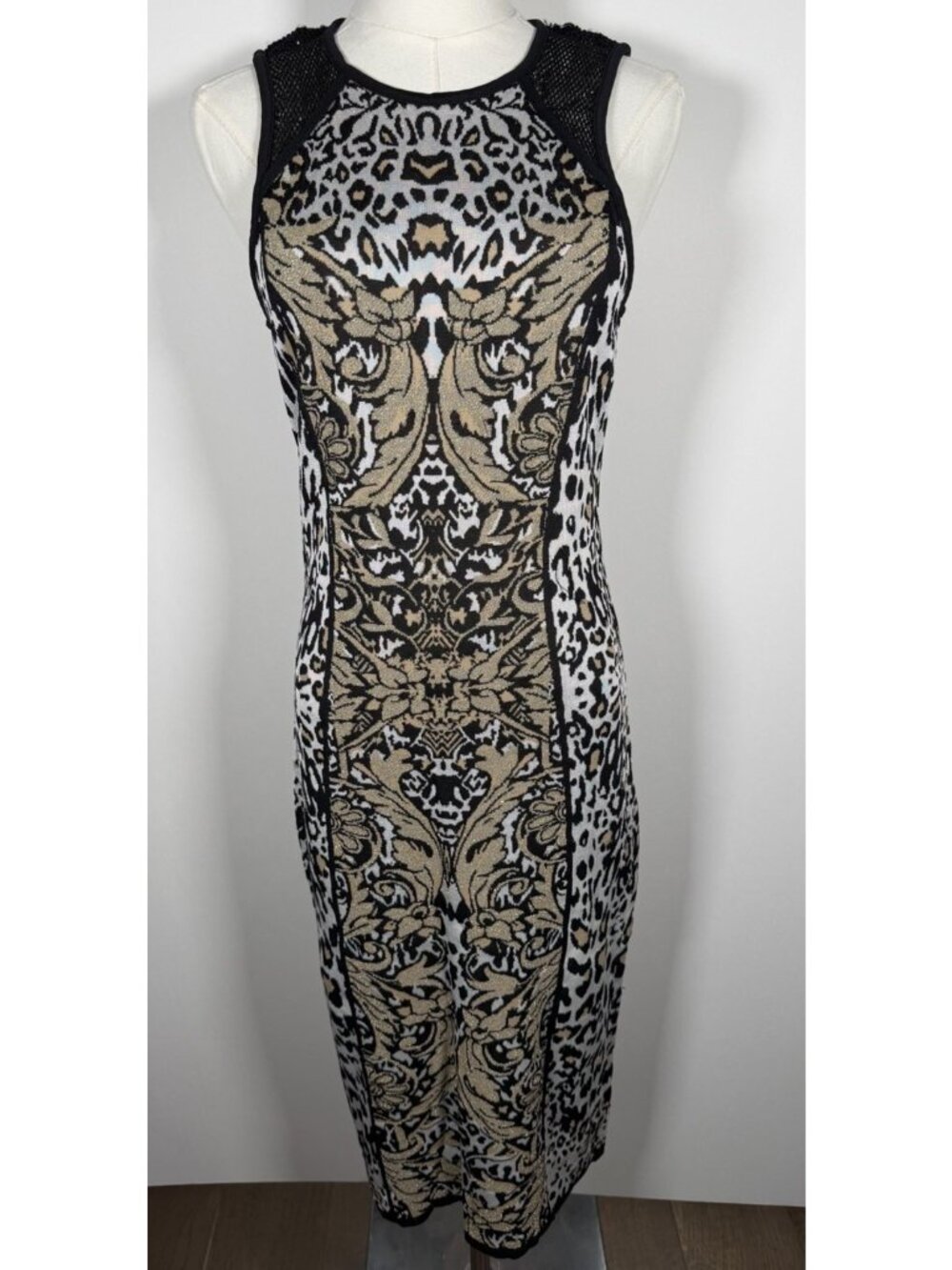 Vintage 90s Cache black gold metallic leopard bodycon mobwife sexy dress M